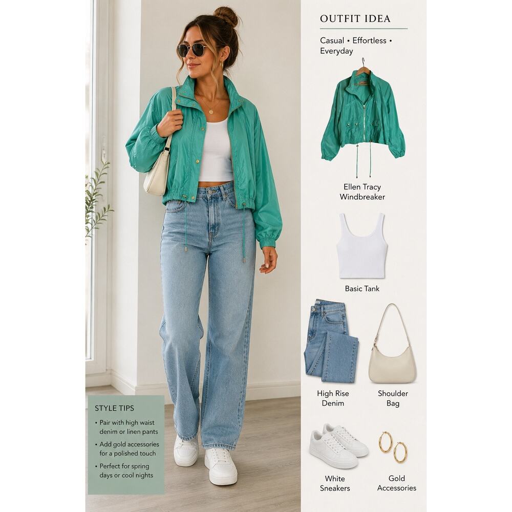 Ellen Tracy Teal Cropped Windbreaker Jacket Women’s Large Lightweight Zip